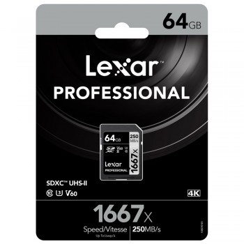 Lexar 1667X Professional 64GB V60 U3 SDXCâ„¢ UHS-II Memory Cards (up to 250MB/s read, 120MB/s write)