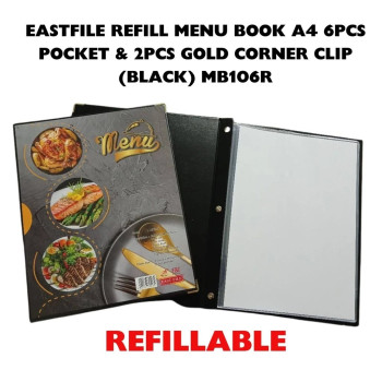 East-File MB106R A4 Refillable Menu Book With 6pockets &amp; 2pcs Gold Corner Clips