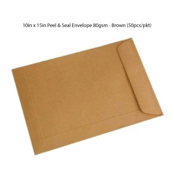 10in x 15in Peel &amp; Seal Envelope 80gsm - Brown (50pcs/pkt)