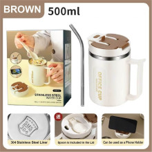 Stainless Steel Office Cup with Handle, Spoon & Straw 500ml - Brown