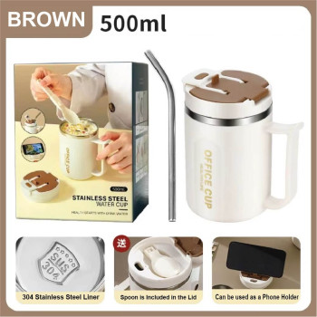 Stainless Steel Office Cup with Handle, Spoon &amp; Straw 500ml - Brown