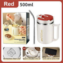 Stainless Steel Office Cup with Handle, Spoon & Straw 500ml - Red