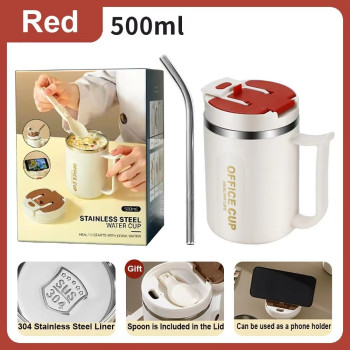 Stainless Steel Office Cup with Handle, Spoon &amp; Straw 500ml - Red