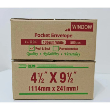 4.5in x 9.5in Peel & Seal Envelope 100gsm with Window - White (500/Box)