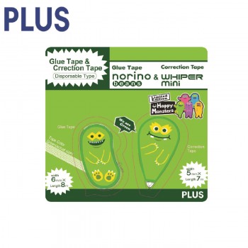 Plus Whiper Mini Correction Tape & Norino Beans Glue Tape (Monster Series 2 in 1 Pack) - Green